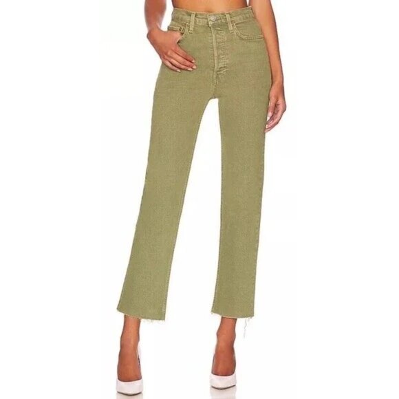 NWT | Re/Done Revolve 70s Ultra High Rise Stove Pipe Washed Sage‎ Raw Hem Jeans - Picture 1 of 12